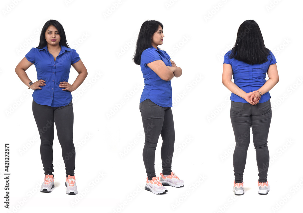 Full portrait of a woman back front and side view on white background Full portrait of a woman back front and side view on white background