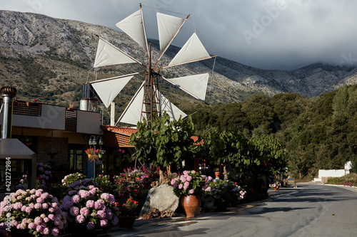 Beautiful white windmills on the Lasithi plateau Crete Greece