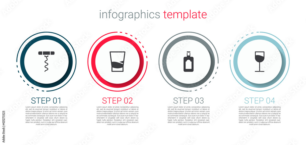 Set Wine corkscrew, Glass of vodka, Whiskey bottle and glass. Business infographic template. Vector Set Wine corkscrew, Glass of vodka, Whiskey bottle and glass. Business infographic template. Vector