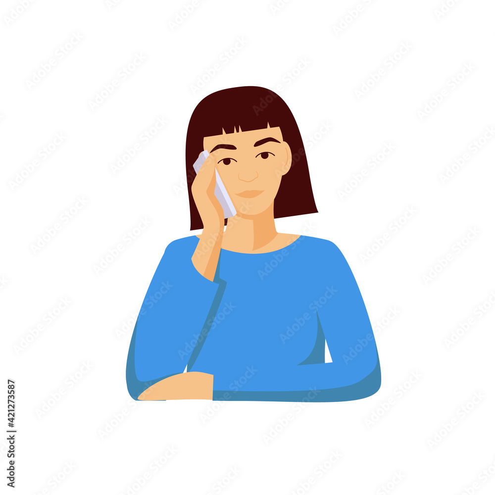 Woman avatar with phone. Portrait female character in blue sweater and bob hairstyle communicating with friend vector smartphone. Woman avatar with phone. Portrait female character in blue sweater and bob hairstyle communicating with friend vector smartphone.