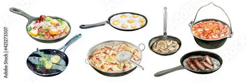 Hand drawn watercolor food camping picnic elements. Food, eating