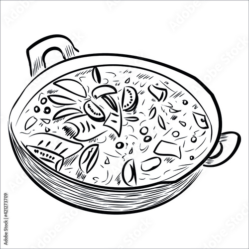 Italian Cuisine. Spanish food. Paella. vegetarian dish. pasta, risotto, tomato soup. Indian food in a skillet. delicious, yami, kawaii. Menu design. Print for clothes. copper dishes. vector eps 10
