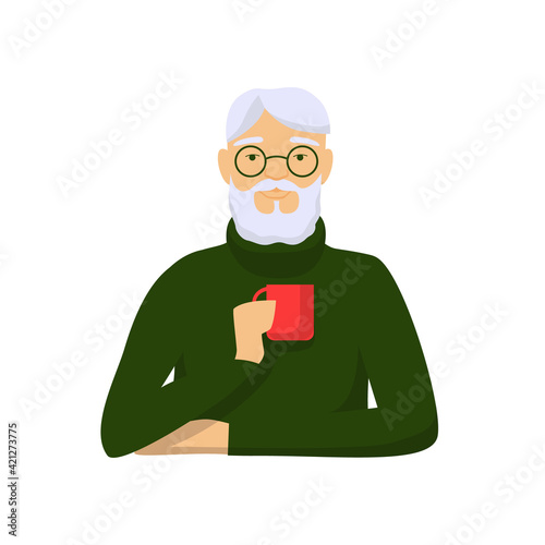 Elderly man is drinking coffee. Gray haired male character green sweater with red cup in hand enjoying hot drink vector.