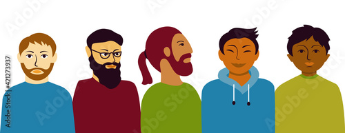 Multi ethnic group men. Male different characters african and asian appearance togetherness friendly with vector european.