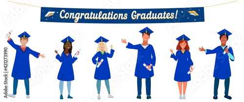 Group of happy multicultural graduate students wearing academic dress, gown or robe, holding diploma. Boys and girls celebrating university graduation, kipping distans. Class 2021 vector illustration. photo