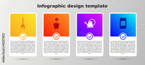 Set Garden rake, Flower in pot, Watering can and Fertilizer bag. Business infographic template. Vector
