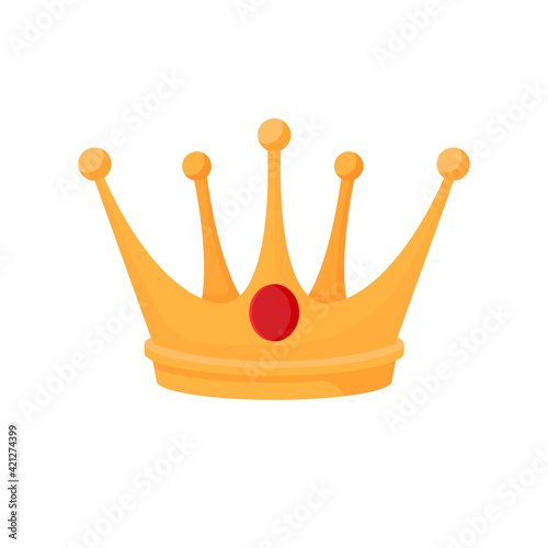 Gold royal crown. Luxurious yellow headdress kings with red sapphire in center jewelry imperial symbol of vector power.