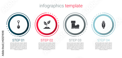 Set Shovel, Plant, Waterproof rubber boot and Corn. Business infographic template. Vector