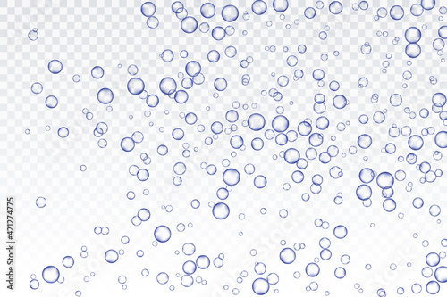 Blue air bubbles, oxygen, champagne crystal clear, isolated on a transparent background of modern design. Vector illustration of EPS 10.