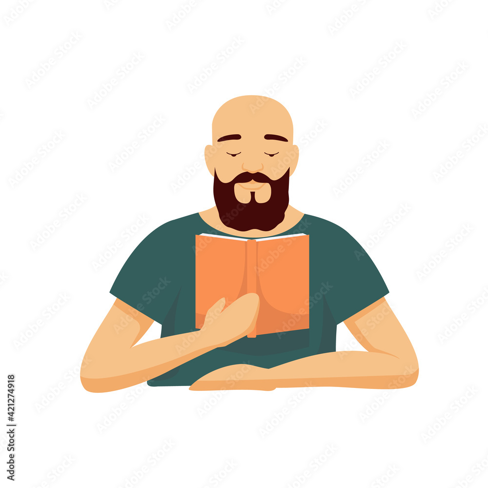 Bearded man reads book with enthusiasm. Bald male character in green tshirt is holding orange vector textbook while pensively studying it.