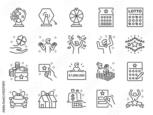Lotto line icon set. Included the icons as lottery, raffle, draw, jackpot, rich, and more.