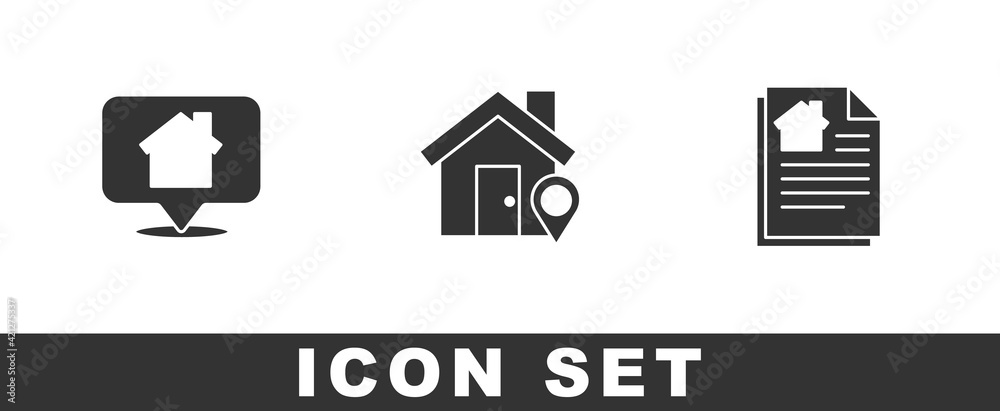 Set Location with house, and House contract icon. Vector Set Location with house, and House contract icon. Vector