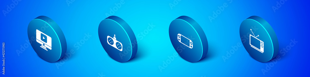 Set Isometric Online play video, Portable game console, Retro tv and Gamepad icon. Vector Set Isometric Online play video, Portable game console, Retro tv and Gamepad icon. Vector