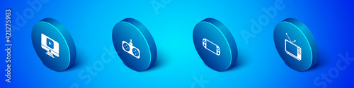 Set Isometric Online play video, Portable game console, Retro tv and Gamepad icon. Vector