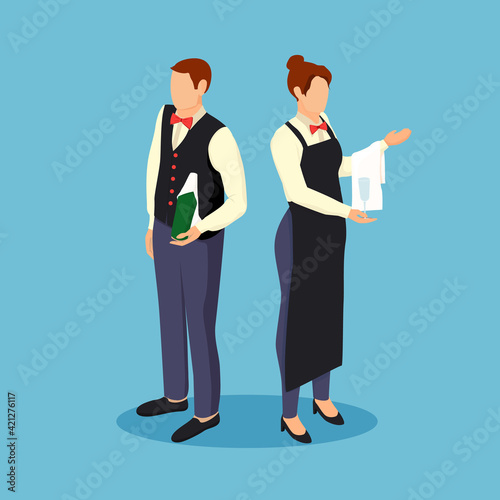 Waiters ready receive visitors isometric illustration. Female and male characters in uniform with red bow tie stand with bottle wine wrapped in towel and vector glass.