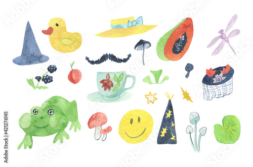 Celestian watercolor illustration set for Halloween. Collection with frog, hats, mustache, mushrooms and smiley face on white isolated background.Designs for social media, posters, stickers.