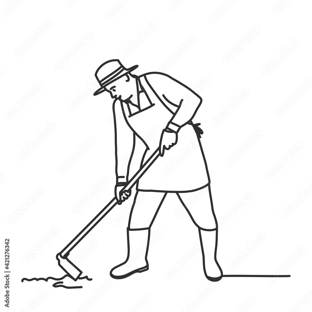 Farmer working with a hoe. Hand drawn vector illustration. Farmer working with a hoe. Hand drawn vector illustration.