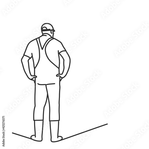 Farmer in work clothes keeps his hands on his hips. Back view. Hand drawn vector illustration.