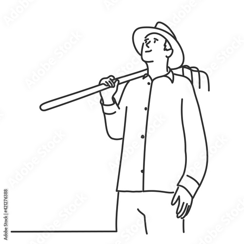 Farmer with a hat with a pitchfork on his shoulde. Hand drawn vector illustration.