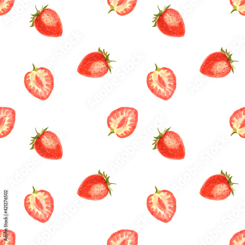 Fototapeta Naklejka Na Ścianę i Meble -  Watercolor summer pattern with strawberry on white background. Hand drawn food collection with berries. Perfect for cosmetics and perfumes, culinary books, magazines, textiles.