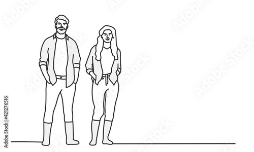Man and a woman in work clothes hold their hands in the pockets. Hand drawn vector illustration.