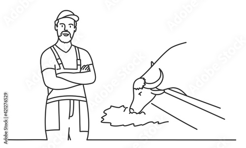 Farmer with crossed arms at livestock farm. Hand drawn vector illustration.