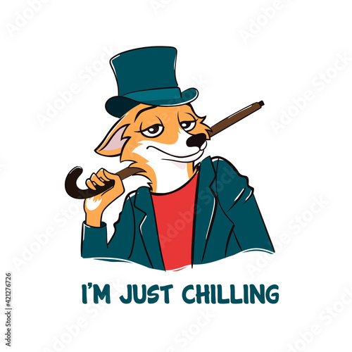 Stylish fox in suit just chilling. Cartoon character in green top hat with cane with sly face young hipster ready for vector adventures.