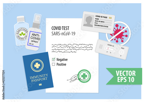 Covid immunity vaccination passport. Covid-19 health immune id pass card, coronavirus express test kit, pcr test, sanitizer and alcohol hand gel. Flat cartoon vector isolated illustration eps 10.