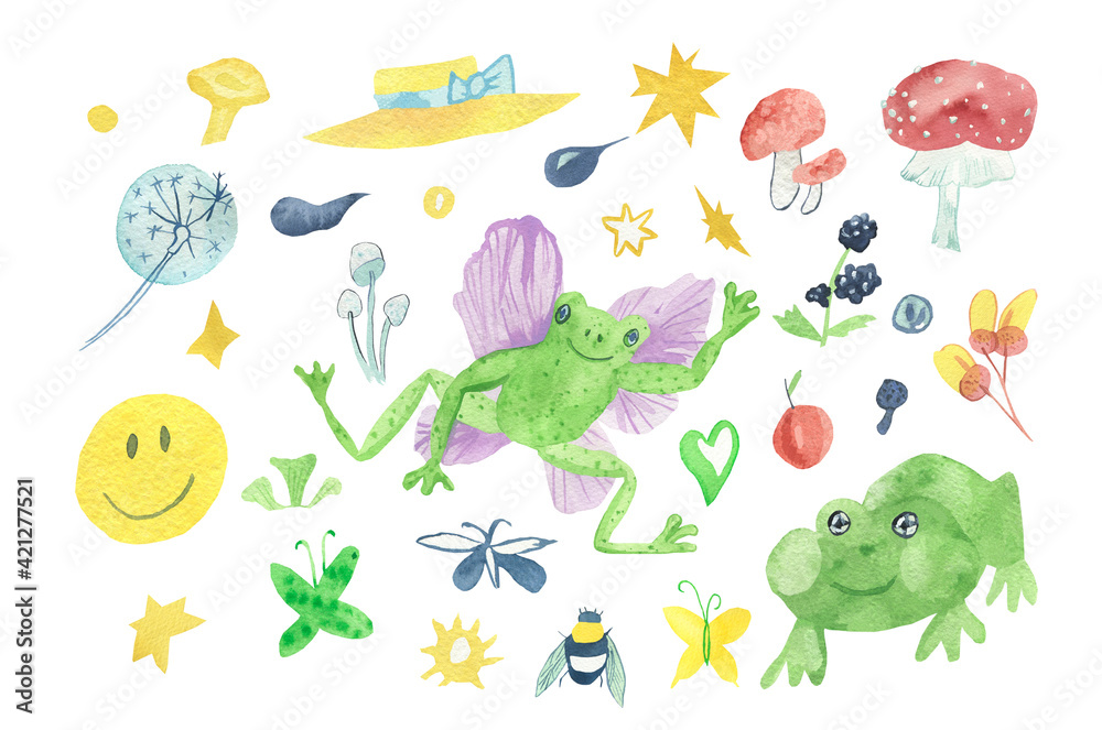 Naklejka premium Celestian watercolor illustration set for Halloween.Collection with frog with butterfly wings,hats,bumblebee,mushrooms,tadpoles,smiley face on white isolated background.Design for posters,stickers