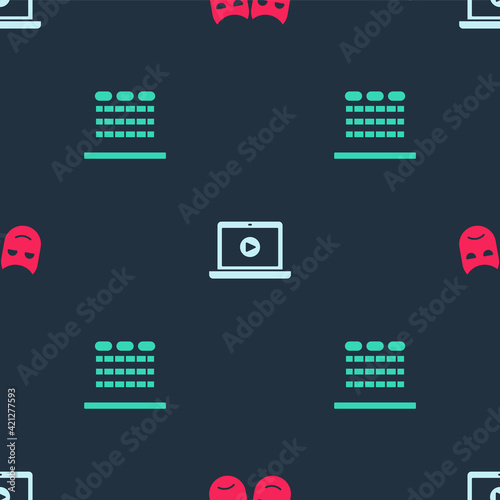 Set Comedy and tragedy masks, Online play video and Cinema auditorium with seats on seamless pattern. Vector