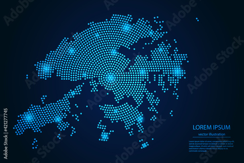 Abstract image Hong Kong map from point blue and glowing stars on a dark background. vector illustration.