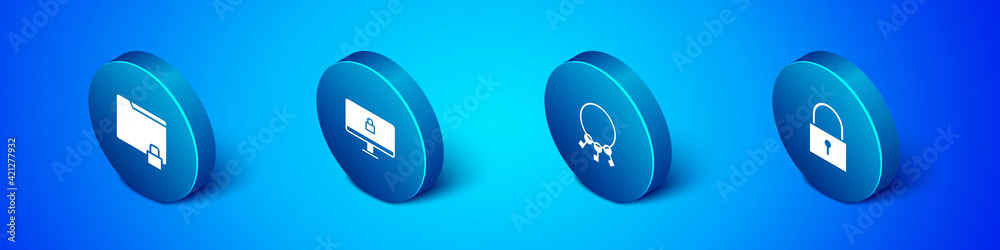 Set Isometric Folder and lock, Bunch of keys, Lock and on computer monitor icon. Vector Set Isometric Folder and lock, Bunch of keys, Lock and on computer monitor icon. Vector