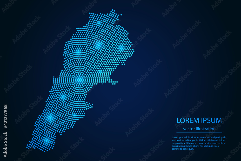 Abstract image Lebanon map from point blue and glowing stars on a dark background. vector illustration.