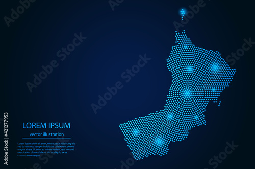 Abstract image Oman map from point blue and glowing stars on a dark background. vector illustration.