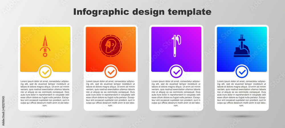Set Dagger, Ancient coin, Medieval axe and Sword the stone. Business infographic template. Vector Set Dagger, Ancient coin, Medieval axe and Sword the stone. Business infographic template. Vector