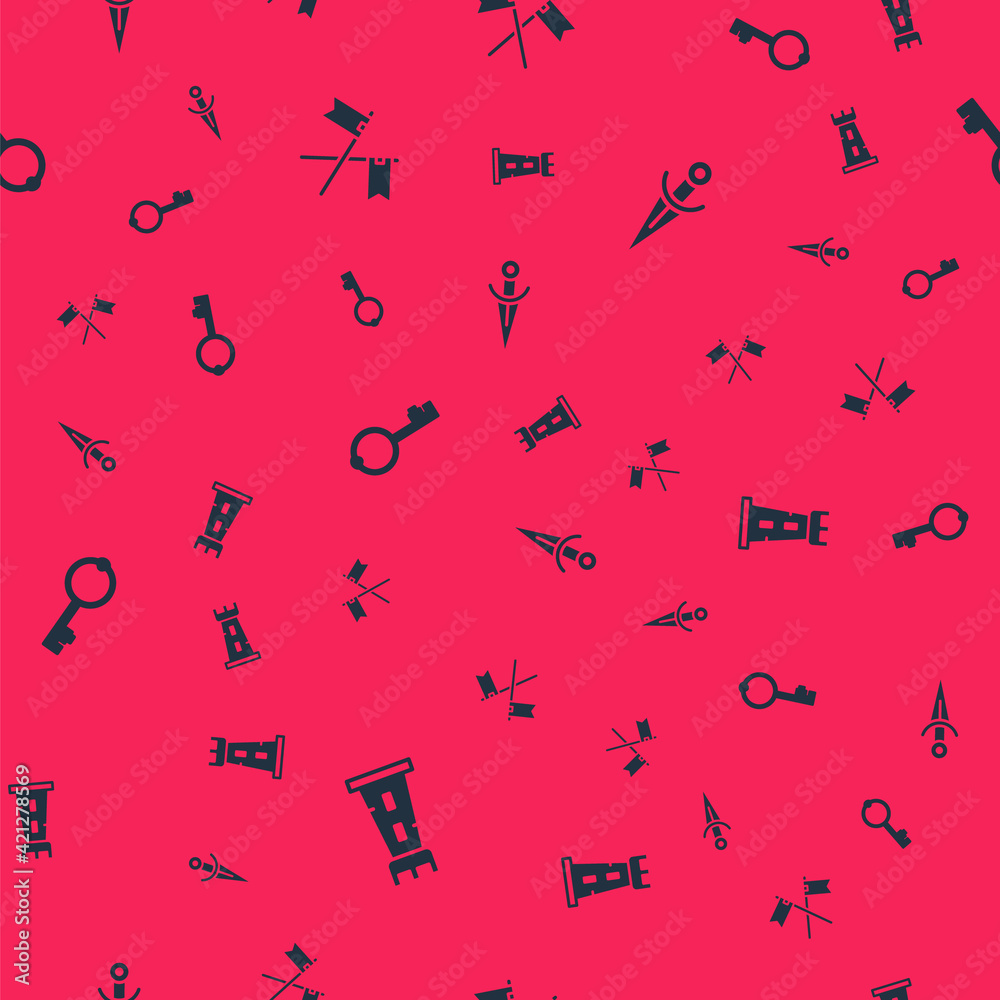 Set Castle tower, Crossed medieval flag, Old key and Dagger on seamless pattern. Vector