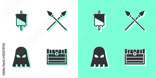 Set Antique treasure chest, Medieval flag, Executioner mask and Crossed medieval spears icon. Vector