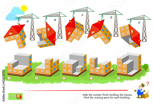 Logic game for smartest. 3D puzzle. Help the worker finish building the houses. Find the missing part for each building. Brain teaser book. IQ test. Play online. Developing spatial thinking skills.