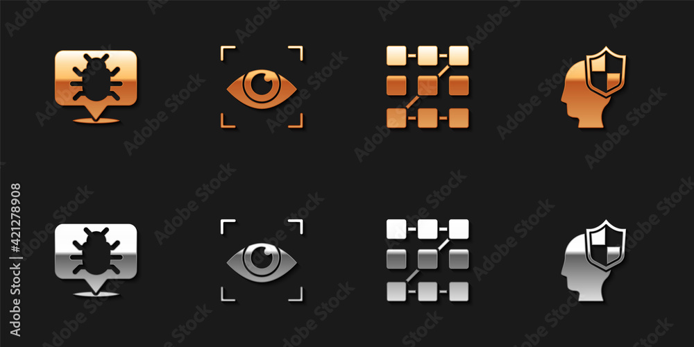 Set System bug, Eye scan, Graphic password protection and Head with shield icon. Vector Set System bug, Eye scan, Graphic password protection and Head with shield icon. Vector