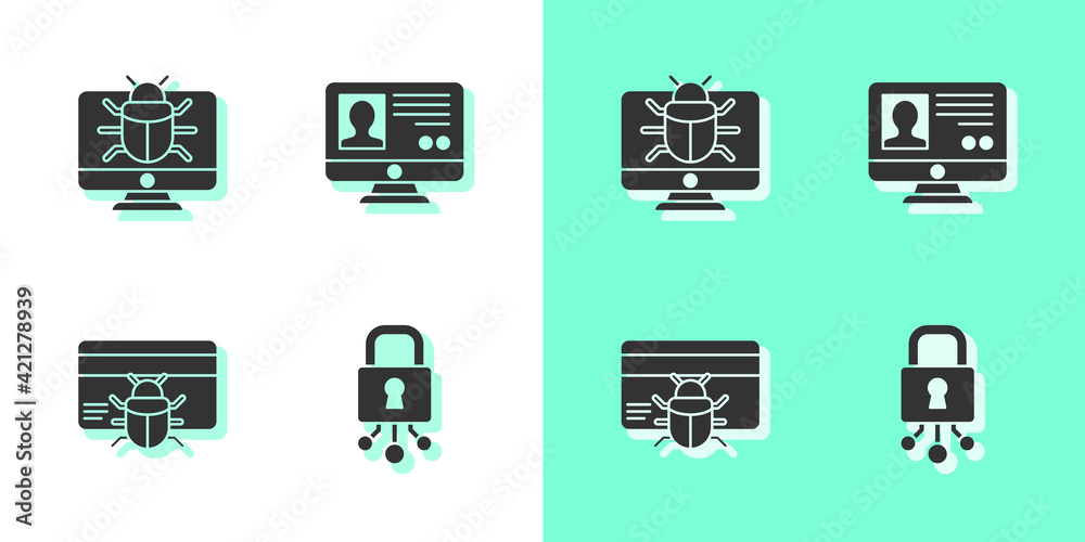 Set Cyber security, System bug on monitor, in credit card and Create account screen icon. Vector Set Cyber security, System bug on monitor, in credit card and Create account screen icon. Vector