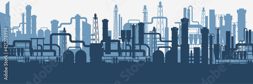 Industrial factories silhouette background. Blue oil refinery complex with pipes and tanks gas production rigs with endless steel vector landscape.