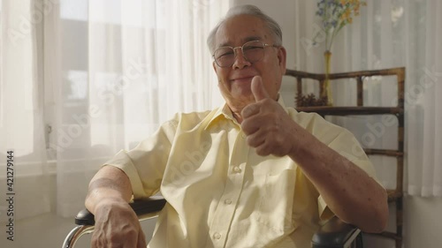 Portrait of a happy senior man sitting on wheelchair in rehabilitation center. Cheerful old man sitting on wheelchair at hospital. Disabled man in his wheelchair looking at camera., Senior Care.