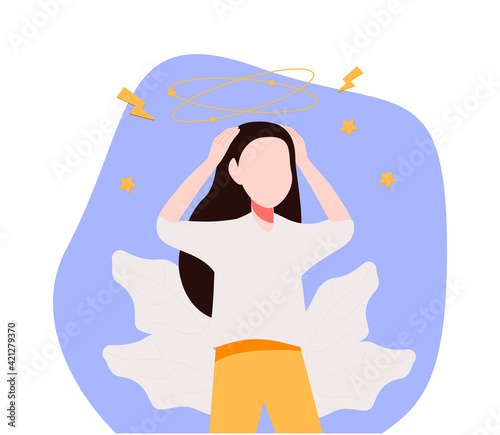 Sick person suffering from vertigo, feeling confused, dizzy and head ache. Flat vector illustration for stress, sickness symptoms, migraine, hangover concept.