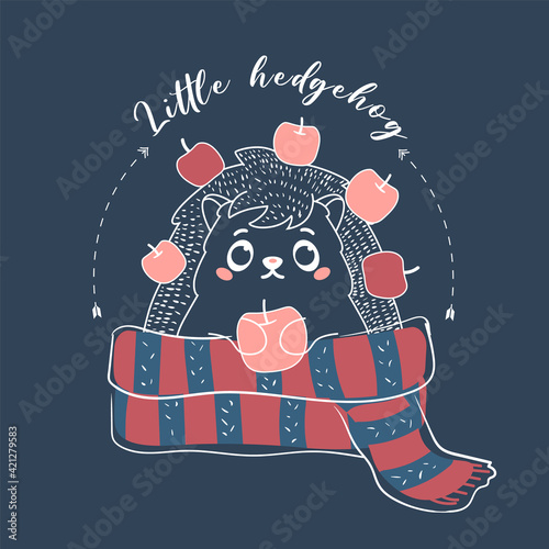 Little cute hedgehog with apples. Cheerful character in pins and needles holds pink fruit and wrapped in striped scarf autumn weather and joyful vector blank.
