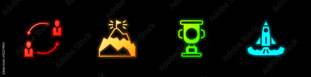Set Human resources, Mountains with flag, Award cup and Rocket icon. Vector Set Human resources, Mountains with flag, Award cup and Rocket icon. Vector