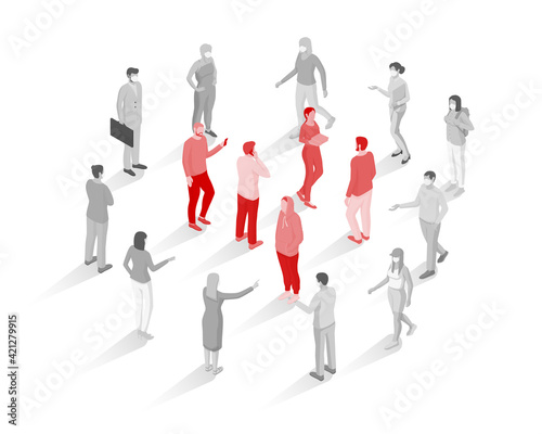 People condemn lack protective masks isometric concept. Gray characters in masks standing in circle discussing red persons in center those risk of vector pandemic.