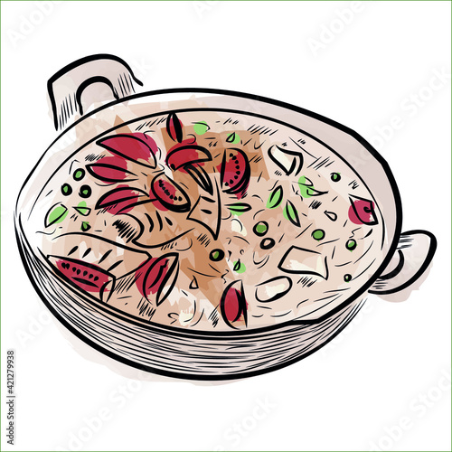 Paella. Italian cuisine  Spanish food. vegetarian dish. pasta  risotto  tomato soup. Indian food. frying pan  delicious. yami  kawai. menu design  clothing print. copper dishes.eps 10 vector