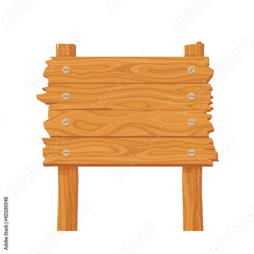 Wooden retro notice board banner. Old yellow information billboard with broken warning and direction boards in rural vector area.