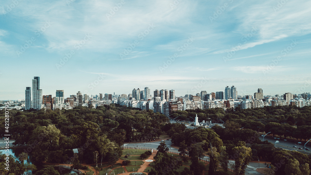 Obraz premium Aerial view of Buenos Aires Skyline, with Bosques de Palermo Park and Monument to the Carta Magna