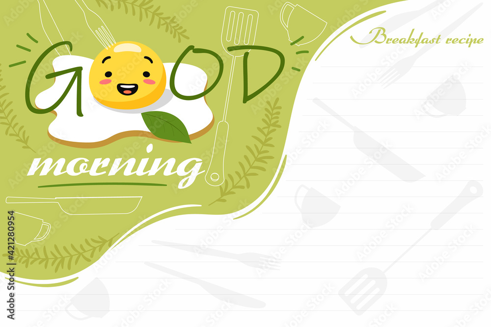 Good morning with cheerful scrambled eggs banner. Joyful yellow omelette for breakfast with blank complementary items list delicious green vector design.